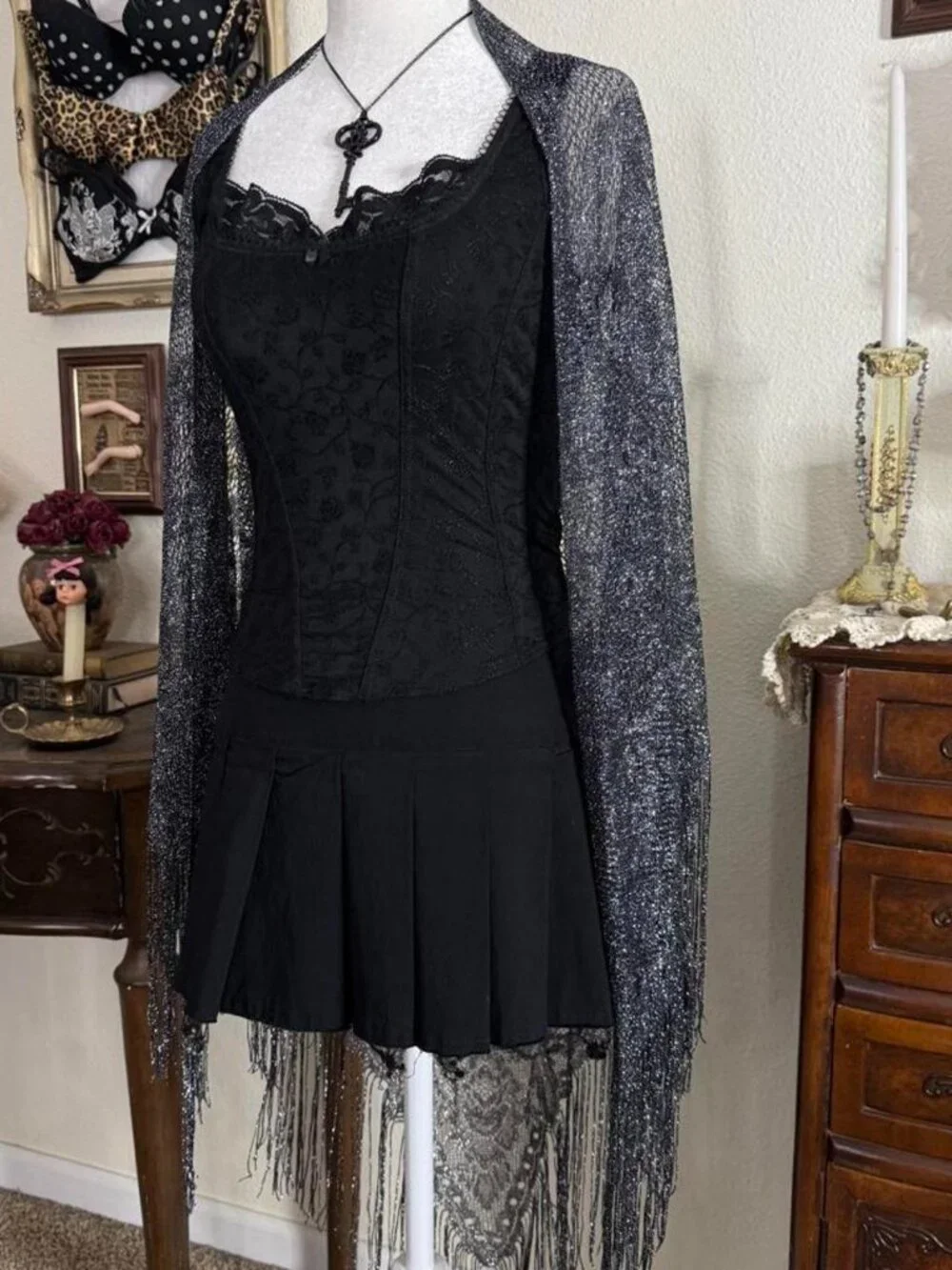 Vintage witchy whimsigoth boho silver sheer floral fringe shawl